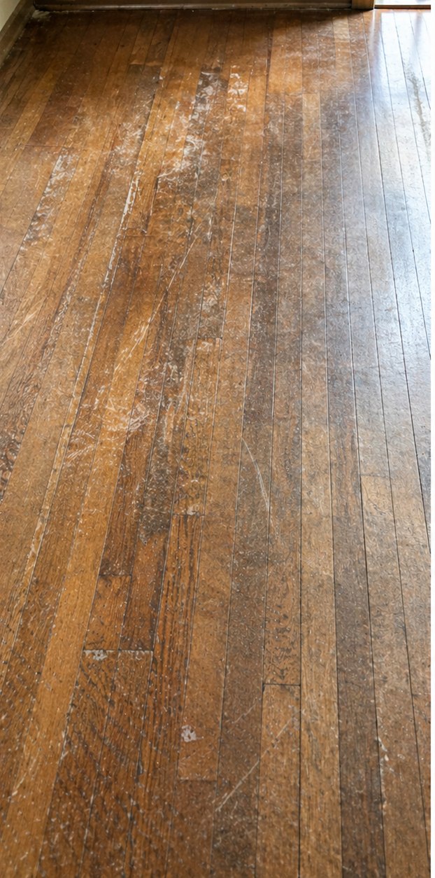 Worn, scratched oak floor before refinishing (illustrative)