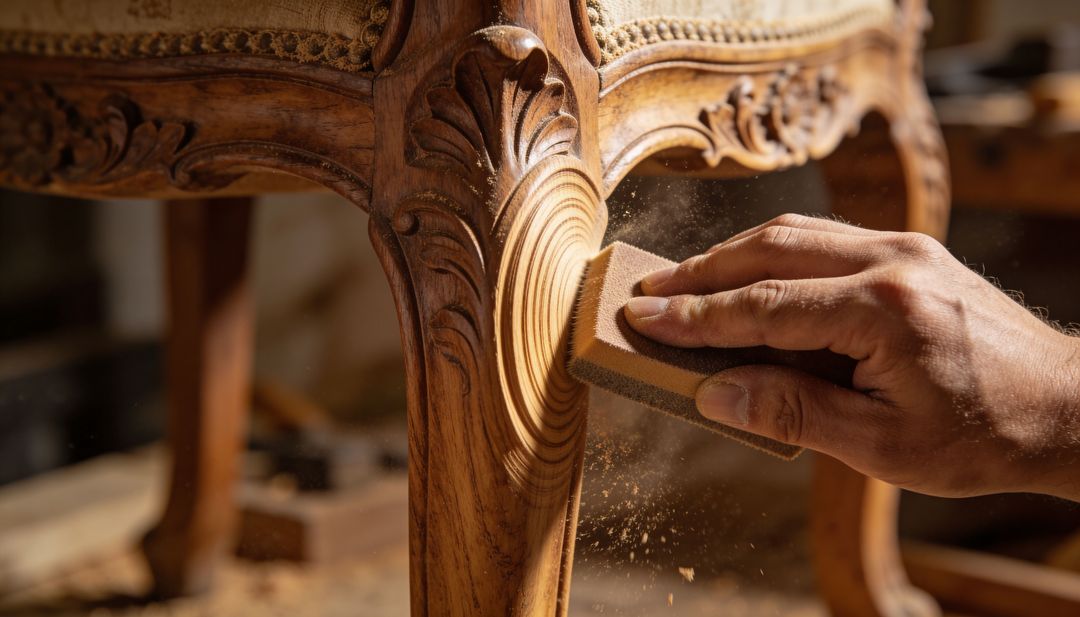 Craftsman hand-sanding a carved antique chair leg during restoration