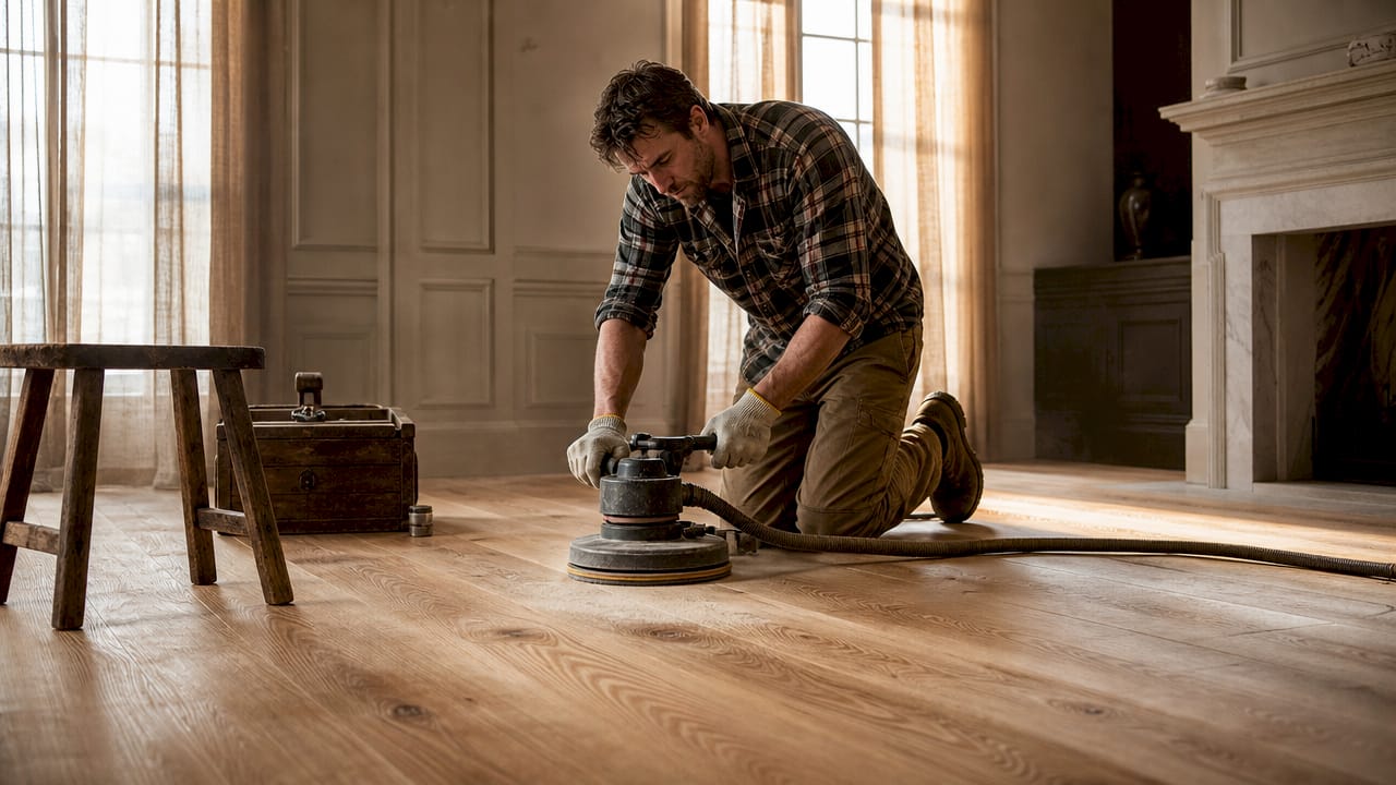 Craftsman sanding a white oak hardwood floor in an elegant room