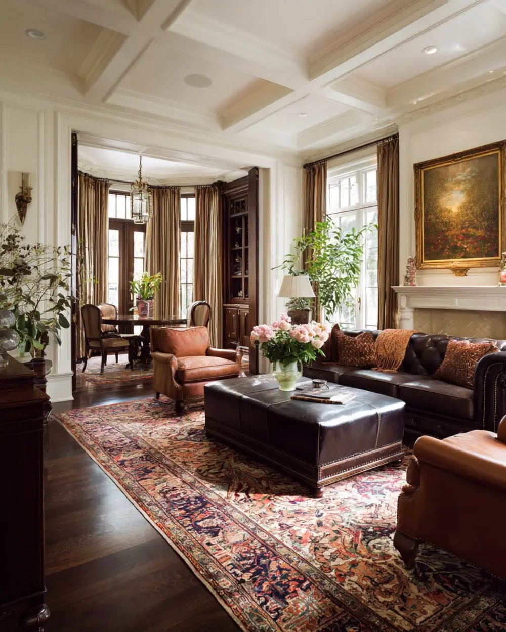 Elegant living room with built-in cabinetry and leather seating