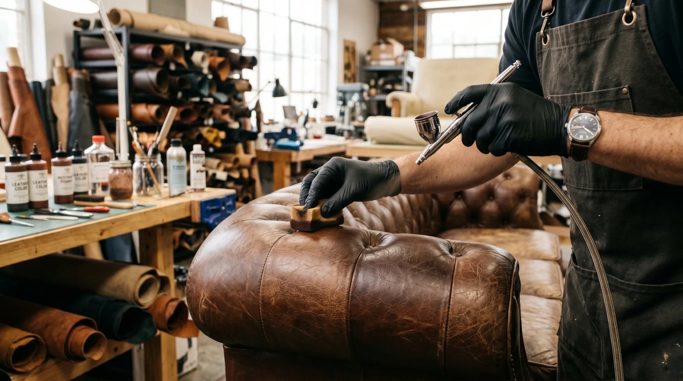 Craftsman restoring the leather of a brown Chesterfield sofa